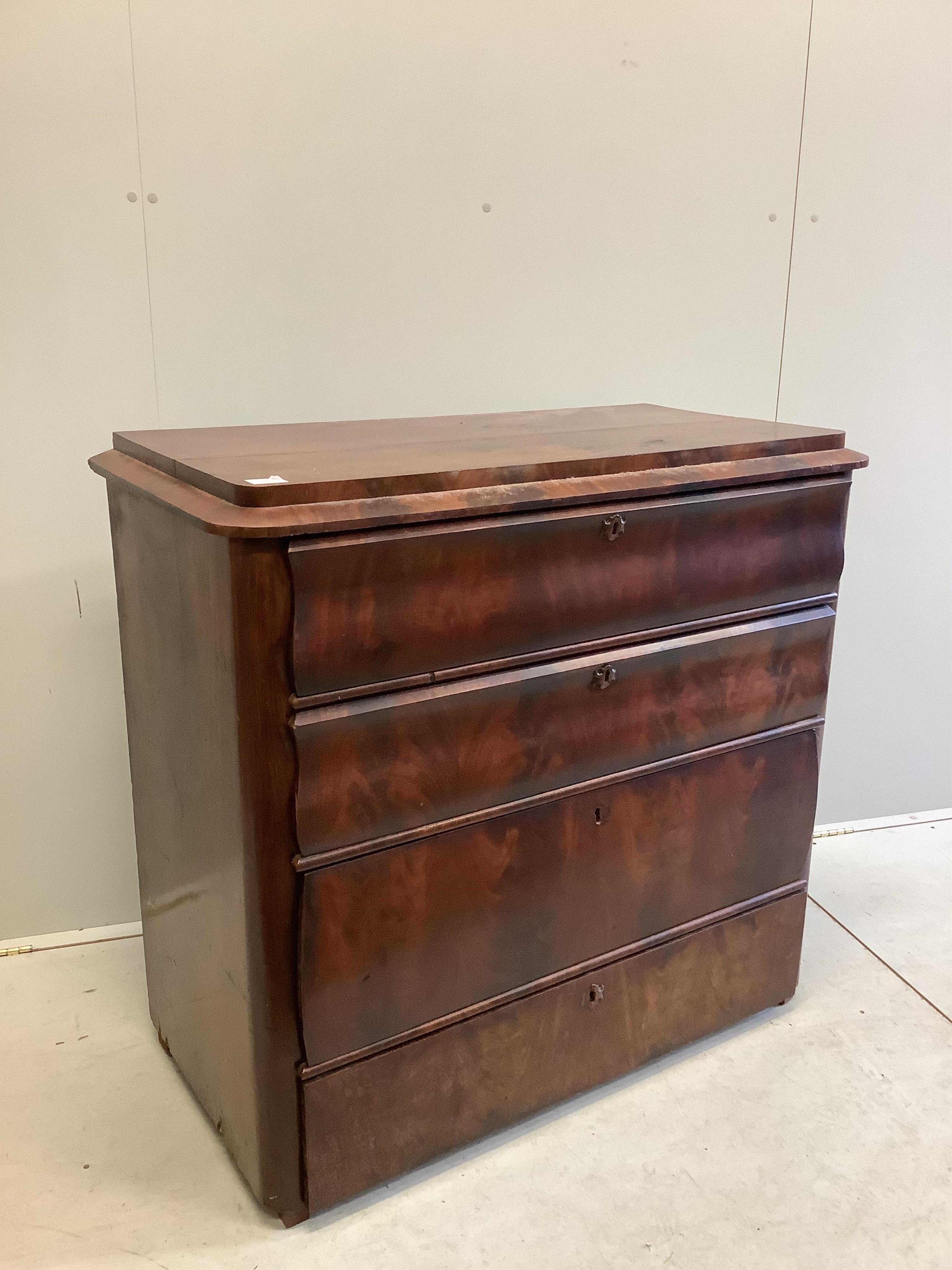 A mid 19th century French mahogany chest of drawers, width 105cm, depth 52cm, height 99cm. Condition - poor